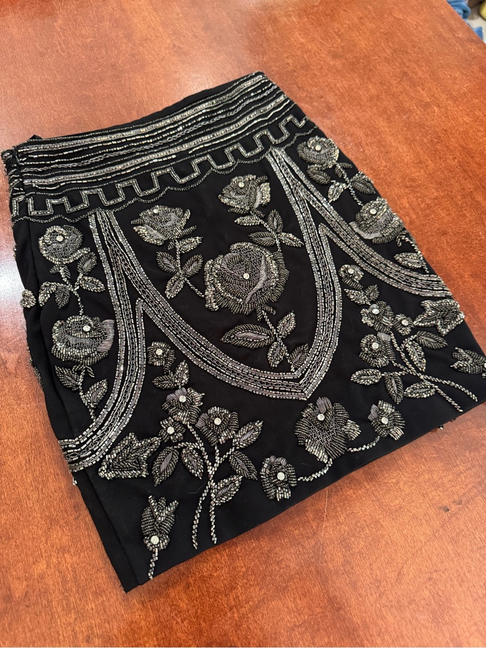 Haute Hippie Fitted Mini Skirt Embellished with Floral Silver Beaded Embroidery